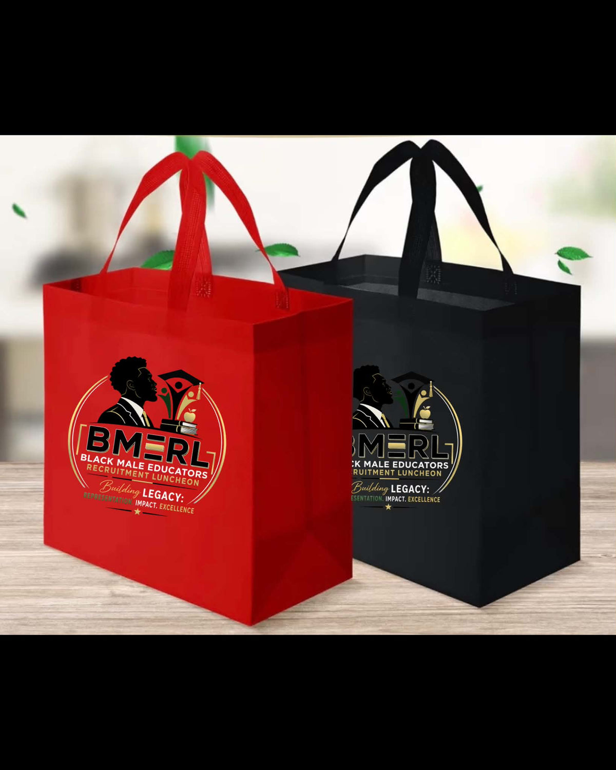BMERL tote bag in red and black with logo