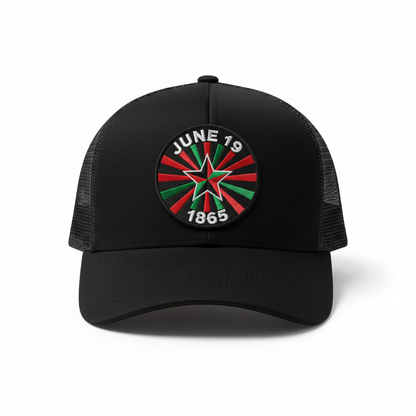 Juneteenth Trucker Cap — Limited Edition black trucker cap with embroidered Juneteenth patch
