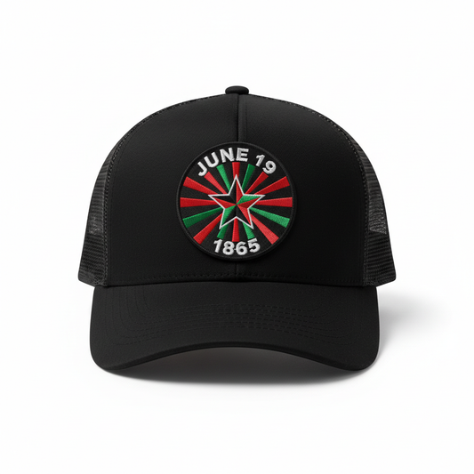 Juneteenth Trucker Cap — Limited Edition black trucker cap with embroidered Juneteenth patch